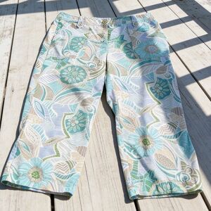SIGRID OLSEN WOMENS CAPRIS SIZE 6 TURQUOISE & GRAY FLORAL DESIGN